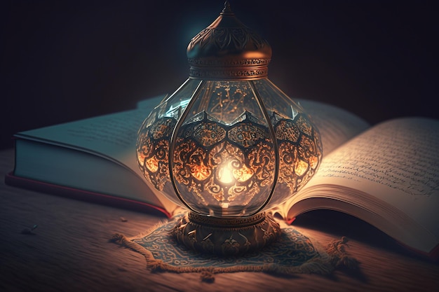 Starożytna lampa z oślepiającym światłem nad otwartą książką na stole