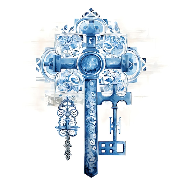Zdjęcie starożytna mądrość święty krzyż srebrny materiał ze starożytną hebrajską ramką z okazji niedzieli palmowej akwarela