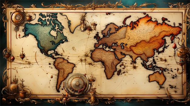 Zdjęcie starożytna mapa świata i kompas na niebieskim tle 3d