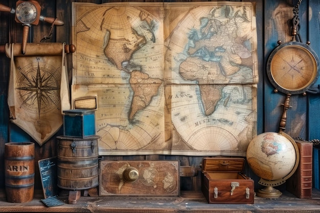 Starożytna mapa świata i starożytny sprzęt nawigacyjny na drewnianej półce