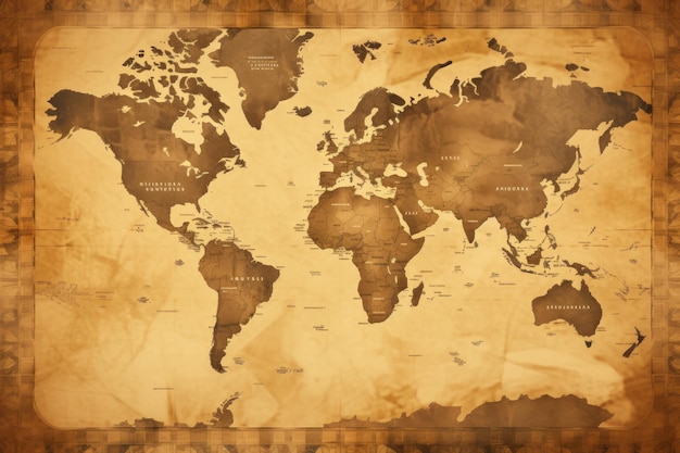 Starożytna mapa świata w tonach sepia wygenerowana przez sztuczną inteligencję