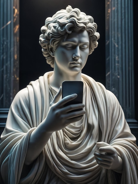 Starożytna marmurowa statuetka patrząca na telefon