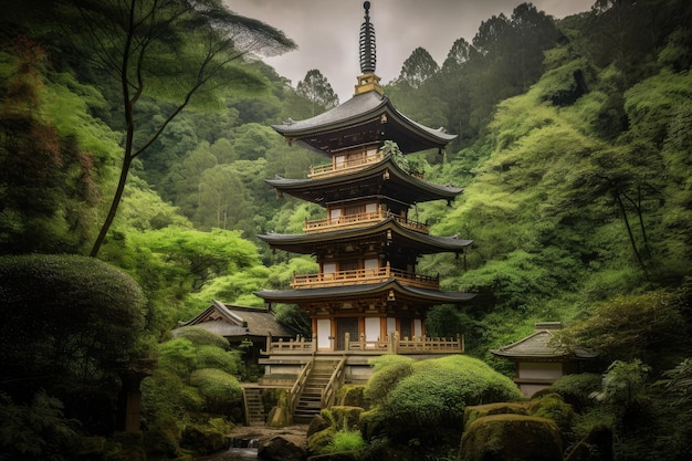 Starożytna pagoda japonii otoczona bujną zielenią z wodospadem w tle