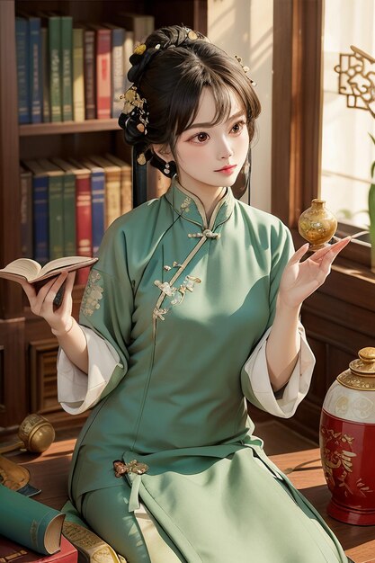Starożytna piękna kobieta w zielonym chińskim Hanfu cheongsam czyta książkę w gabinecie