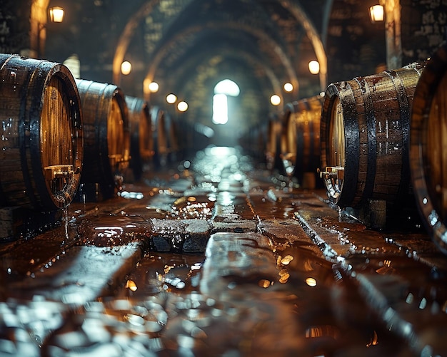 Starożytna piwnica winiarska z beczkami w miękkim skupieniu