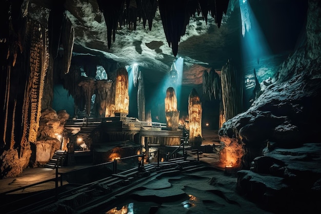 Starożytna podziemna jaskinia z gry lub filmu o poszukiwaniu skarbów