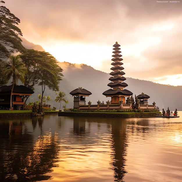 Starożytna pura ulun danu bratan besakih lub słynna świątynia hinduistyczna i turysta na wyspie Bali o wschodzie słońca