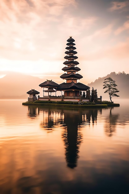 Starożytna pura ulun danu bratan besakih lub słynna świątynia hinduistyczna i turysta na wyspie Bali o wschodzie słońca