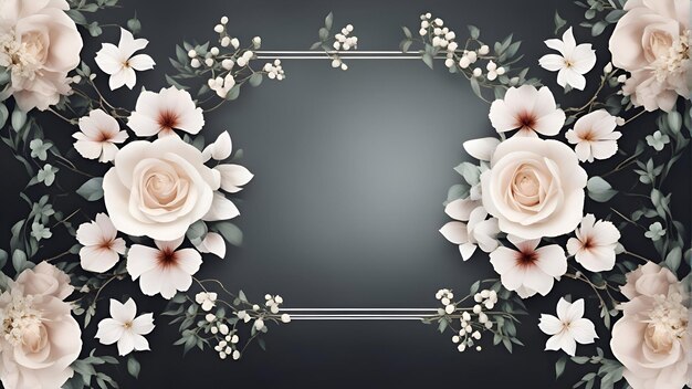 Starożytna ramka kwiatowa z białymi kwiatami i liśćmi na ciemnym tle
