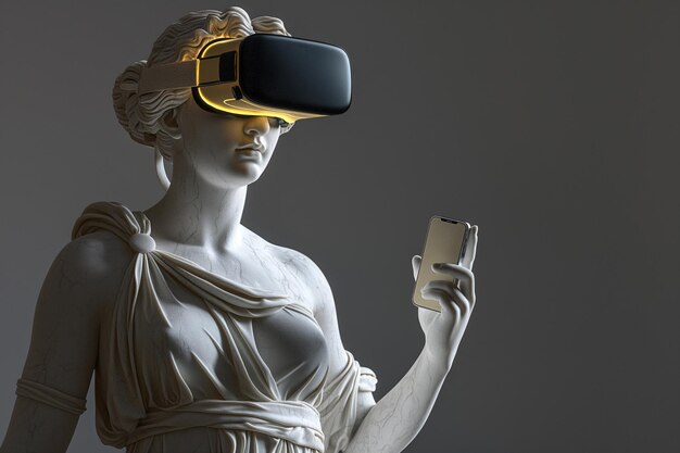 Starożytna rzeźba marmurowa z zestawem słuchawkowym VR Posąg noszący okulary wirtualnej rzeczywistości trzymający smartfon Metaverse świat badający okularami VR gry VR koncepcja futuryzmu nowoczesna technologia i sztuka