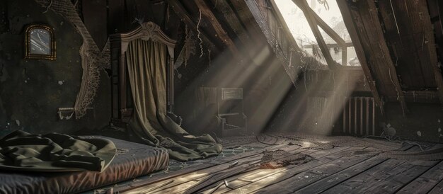 Zdjęcie starożytna scena na strychu z opuszczonym domem i przerażającą atmosferą