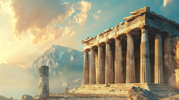 Starożytna świątynia na górskim i niebieskim tle stary budynek w Grecji przy zachodzie słońca widok klasycznych greckich lub rzymskich ruin w świetle słońca Temat podróży starożytnej cywilizacji