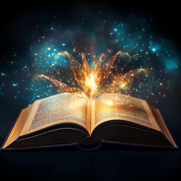 Starożytna tajemnicza książka wiedzy kosmicznej książka otwarta z przestrzenią i magią w środku
