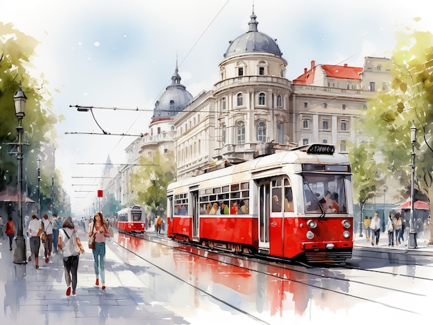 Starożytna tramwaj przejeżdżająca przez historyczne centrum miasta wygenerowana przez sztuczną inteligencję