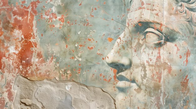 Starożytna twarz sztuki blaknie na zniszczonej miejskiej ścianie