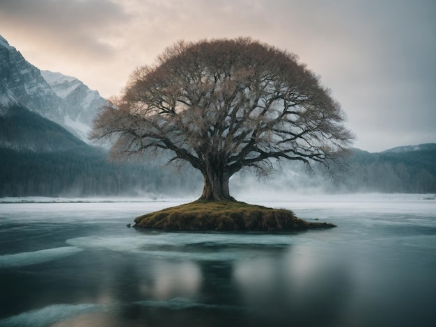 Starożytne drzewo w środku zamarzniętego jeziora