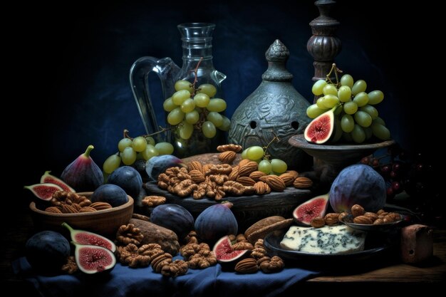 Starożytne dzieła artystyczne orzechy sery owoce w starożytnym otoczeniu