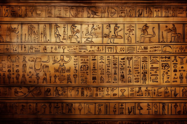 Starożytne egipskie rysunki i hieroglify na ścianie w świątyni Wygenerowana sztuczna inteligencja sieci neuronowej
