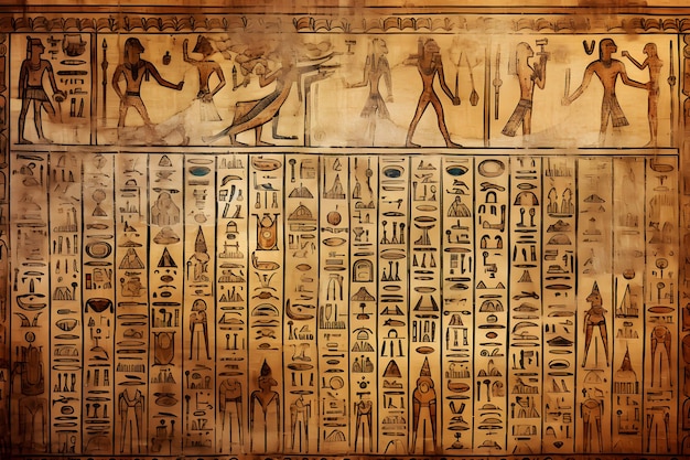 Starożytne egipskie rysunki i hieroglify na ścianie w świątyni Wygenerowana sztuczna inteligencja sieci neuronowej