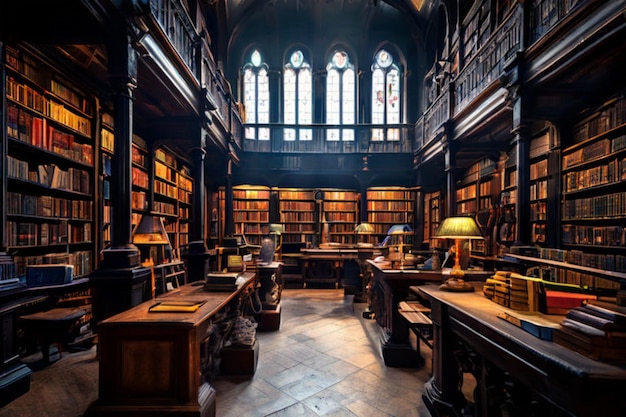 Starożytne książki i historyczne rękopisy leżą na drewnianych ścianach ogromnej biblioteki.