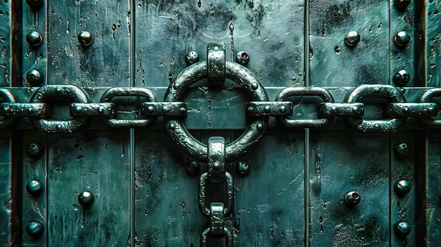 Starożytne metalowe drzwi z starożytnym zamkiem teksturowane stare wejście z zardzewiałym uchwytem Szczegółowa architektura i koncepcja bezpieczeństwa