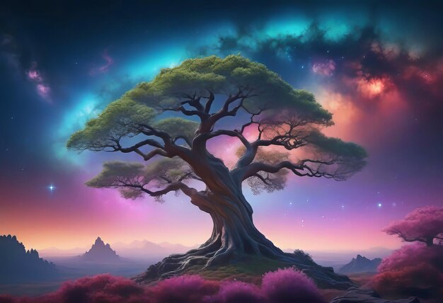 Zdjęcie starożytne mityczne drzewo rozciągające gałęzie przed kolorowym kosmicznym niebem wypełnionym mgławicami