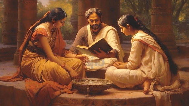 Starożytne pisma hinduskie Fotorealistyczny obraz wielbicieli czytających świętą księgę