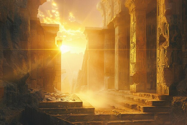 Starożytne ruiny kąpające się w złotym świetle słonecznym