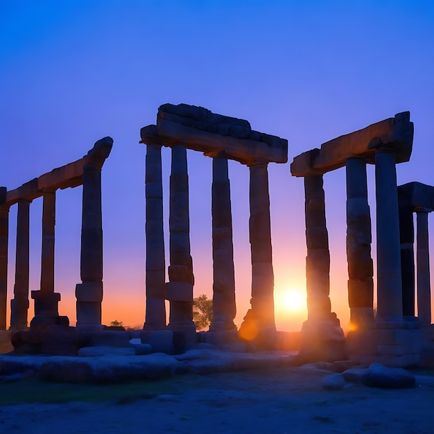 Starożytne ruiny oświetlone w zmierzchu historii