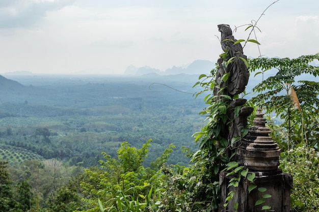 Starożytne ruiny owiane zielonymi liśćmi otaczającego krajobrazu w Tajlandii