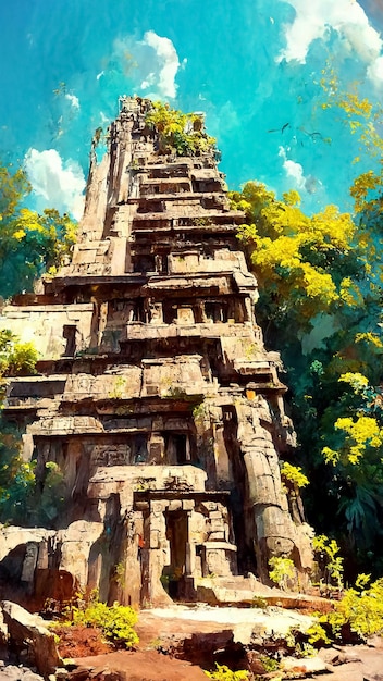 starożytne ruiny posągów świątyni azteckiej i piramidy latem