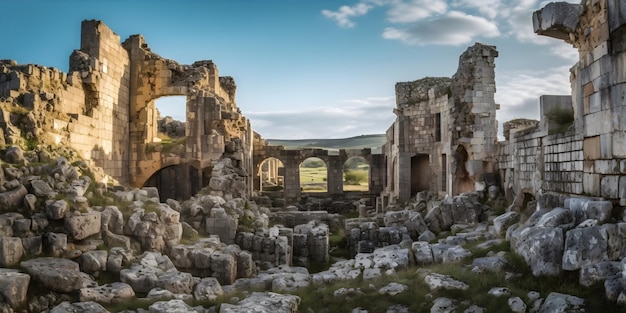 Starożytne ruiny Pozostałości starej świątyni lub zamku położone w pięknym krajobrazie naturalnym Generative ai