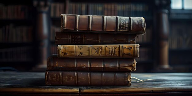 Starożytne, skórzane książki ułożone na stole w ciepło oświetlonej bibliotece, idealne miejsce do badań historycznych, tradycyjne i naukowe.