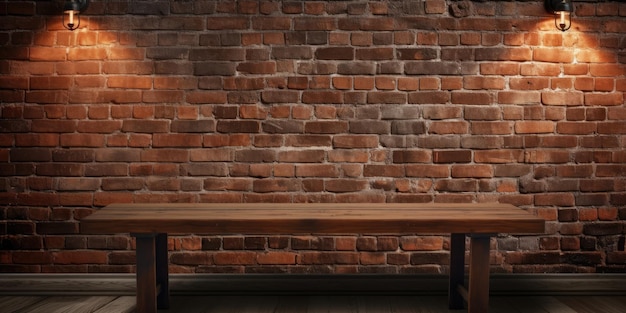 Starożytne tło ceglane z brązowym drewnianym stołem w ciemnym pomieszczeniu wewnętrznym do umieszczania produktów