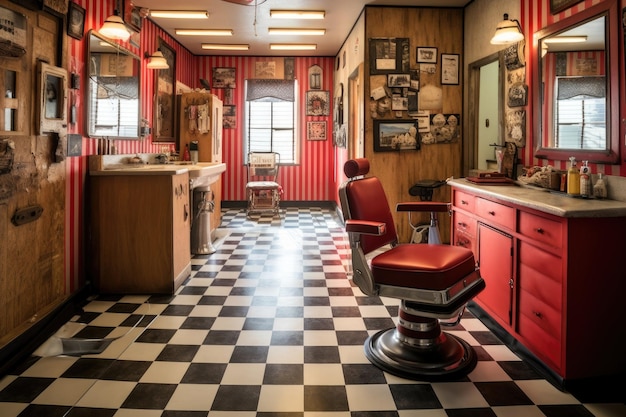 Starożytne wnętrze fryzjerskiego sklepu z podłogą szachowniczą stworzoną za pomocą generatywnej AI