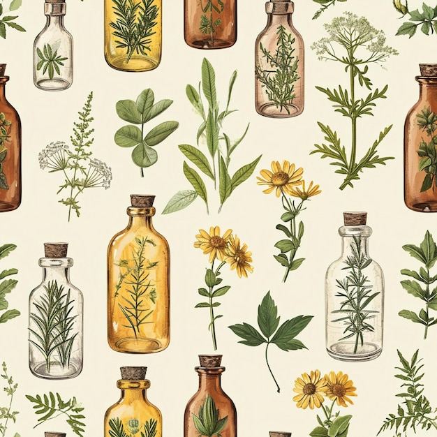 Zdjęcie starożytne zioła botaniczne i butelki bezszwowe papiery cyfrowe