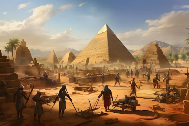 Starożytni egipscy robotnicy budujący piramidy