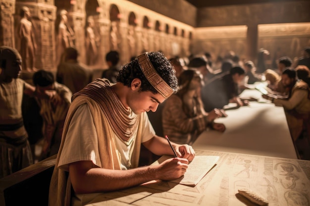 Starożytni egipscy studenci przyjmują mądrość w Bibliotece Aleksandryjskiej