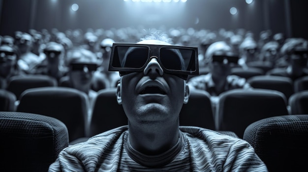 Starożytni ludzie oglądający film w kinie noszący okulary z czarnymi soczewkami 3D