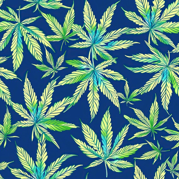 Starożytny bezszwowy wzór z zielonym liściem marihuany na niebieskim tle