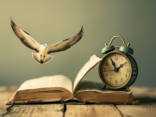 Zdjęcie starożytny budzik dzwoni obok książki algebry albatros latający w tle