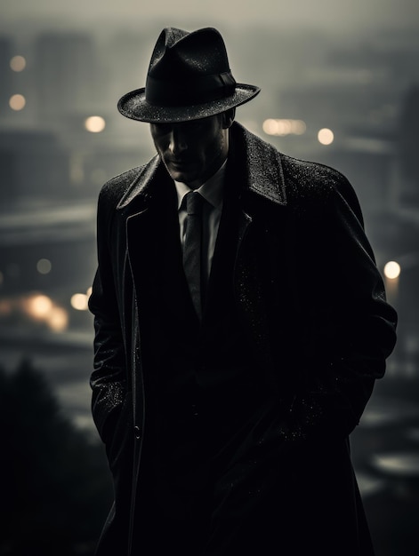 Zdjęcie starożytny detektyw w kapeluszu na nocnym tle miasta czarno-białym