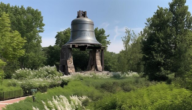 Zdjęcie starożytny dzwon na szczycie górskich pierścieni z duchowością generowaną przez sztuczną inteligencję