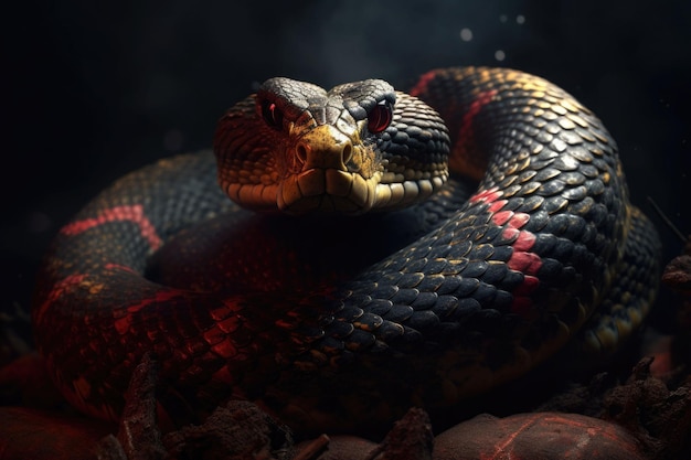 Starożytny gad z czerwonymi oczami Niebezpieczny jadowity wąż egzotyczny Generatywna sztuczna inteligencja