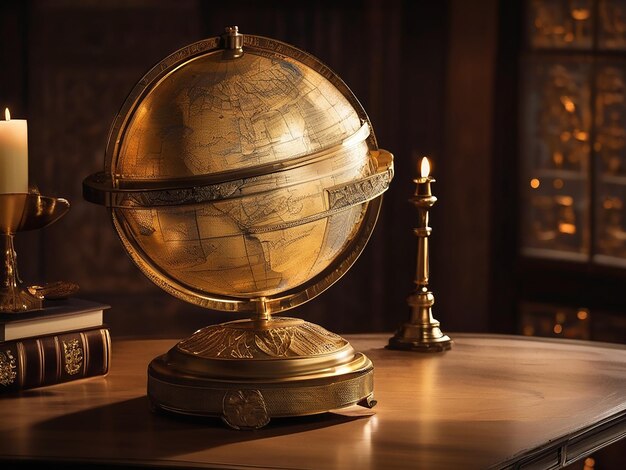 Starożytny globus na stole oświetlony złotem symbolizuje eksplorację