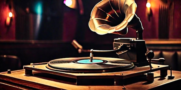 Starożytny gramofon kręci staroświecką ścieżkę dźwiękową w klubie nocnym.