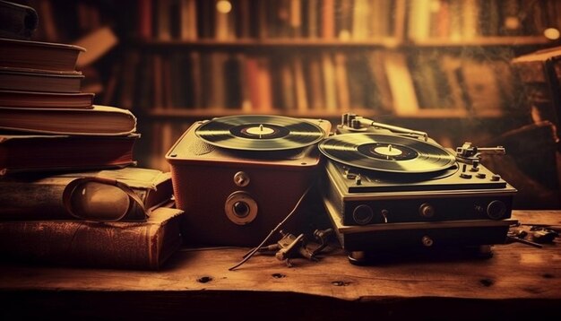 Zdjęcie starożytny gramofon na stole nostalgia stos książek retro generowanych przez sztuczną inteligencję