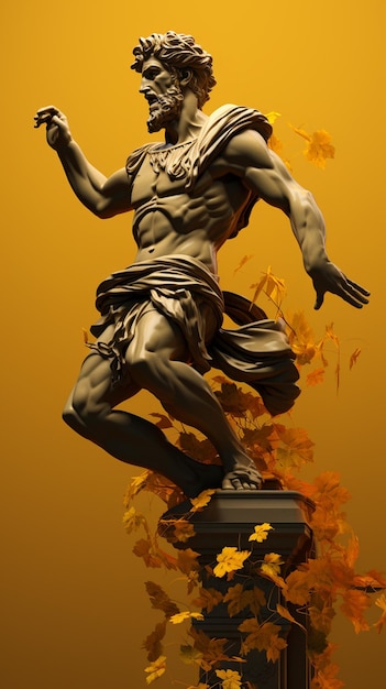 starożytny grecki posąg unoszący się na żółtym tle