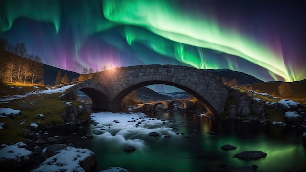 Starożytny kamienny most pod wirującymi barwami krajobrazu zorzy polarnej