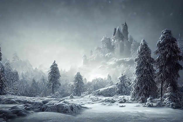 Starożytny kamienny zamek zimowy Fantasy śnieżny krajobraz z zamkiem Zimowy zamek na górskim lesie zimowym Cyfrowy styl ilustracji malarstwa